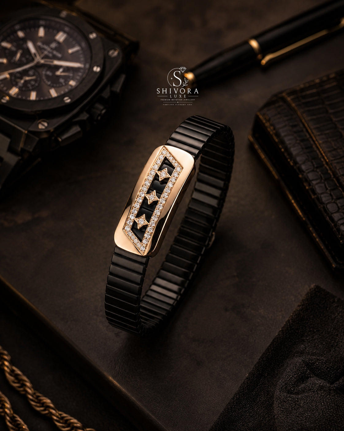Men's 3 Star Black Belt Bracelet with Rose Gold Finish
