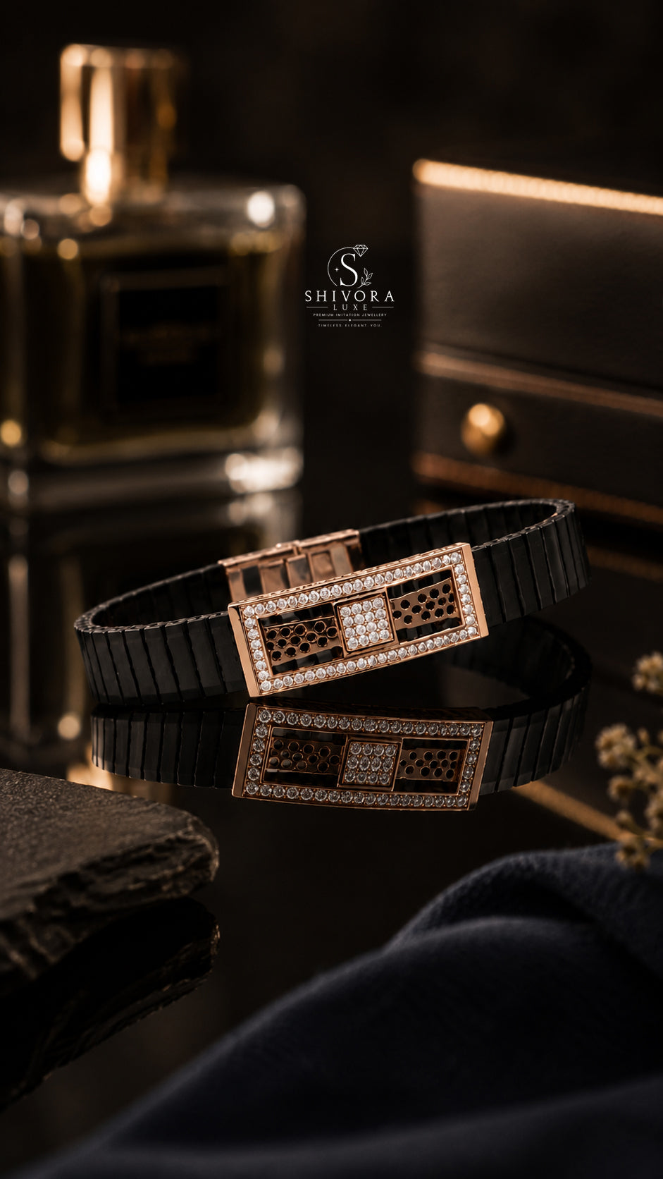 Classic Men's Black Belt Bracelet with Rose Gold Finish