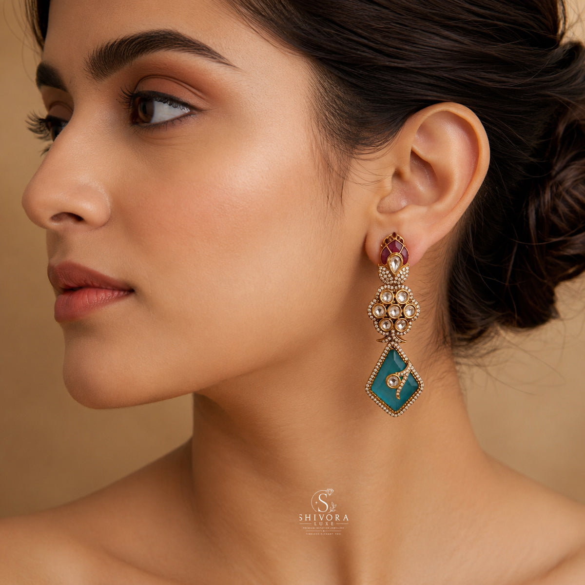 Emerald Kundan Statement Drop Earrings