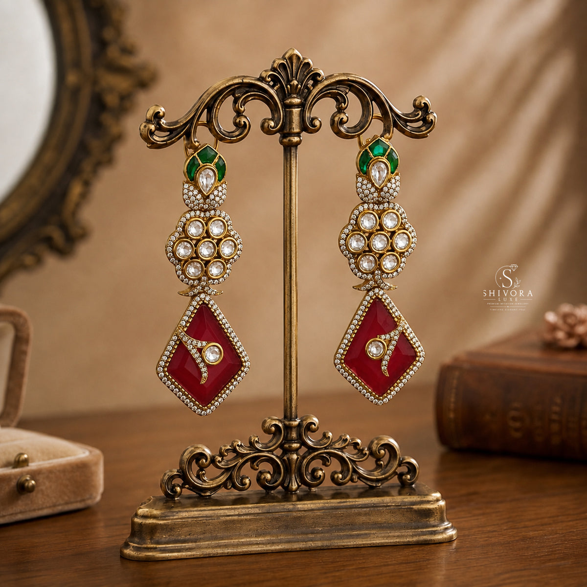 Emerald Kundan Statement Drop Earrings