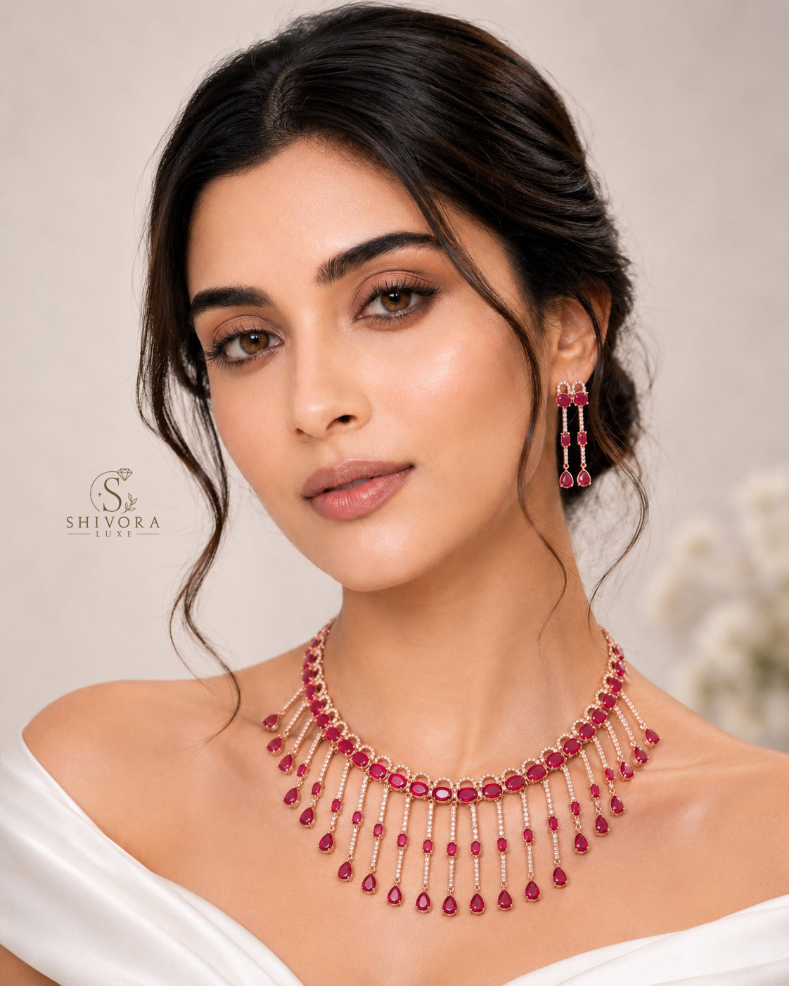 Ruby AD Diamond Necklace Set with Earrings