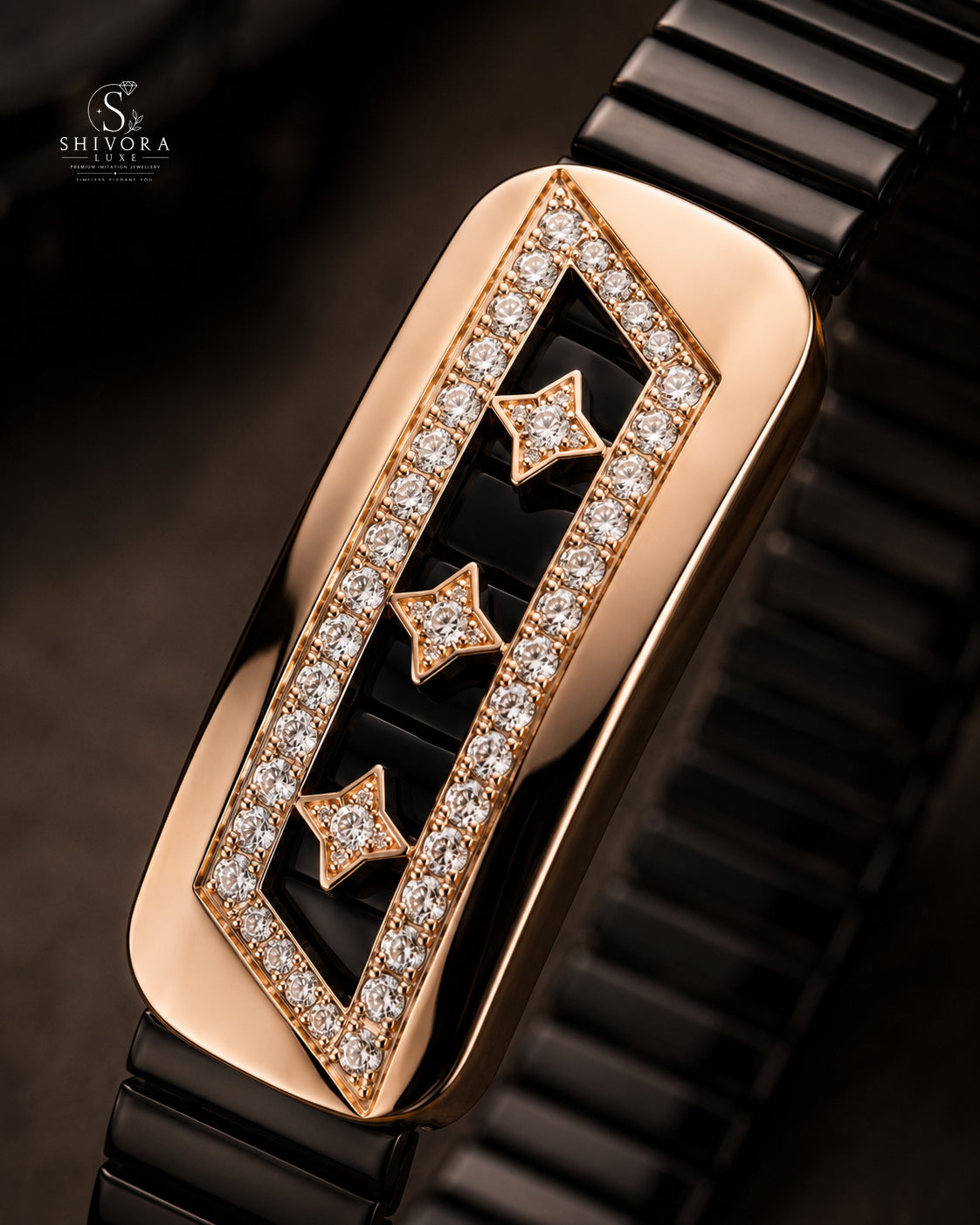 Men's 3 Star Black Belt Bracelet with Rose Gold Finish