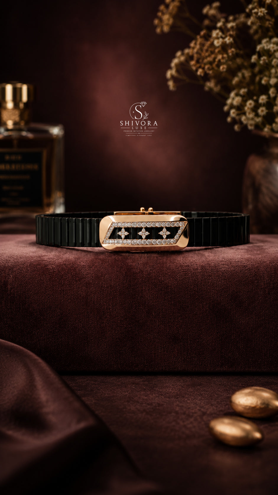 Men's 3 Star Black Belt Bracelet with Rose Gold Finish