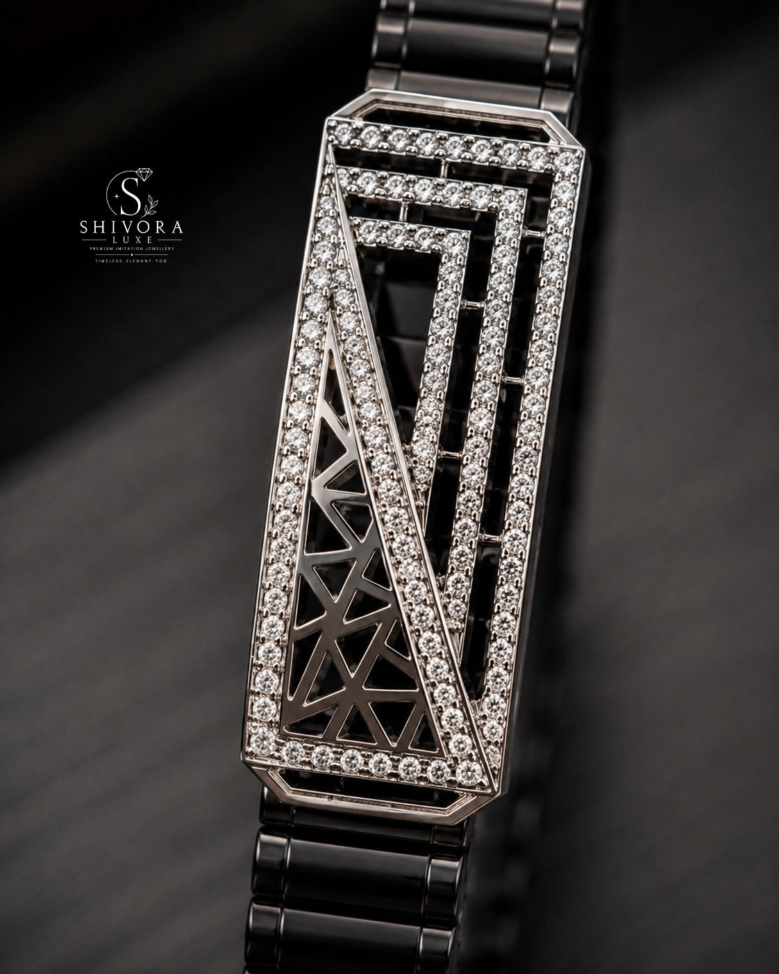 Men's Black Belt Silver Diamond Bracelet