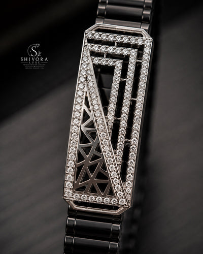 Men's Black Belt Silver Diamond Bracelet