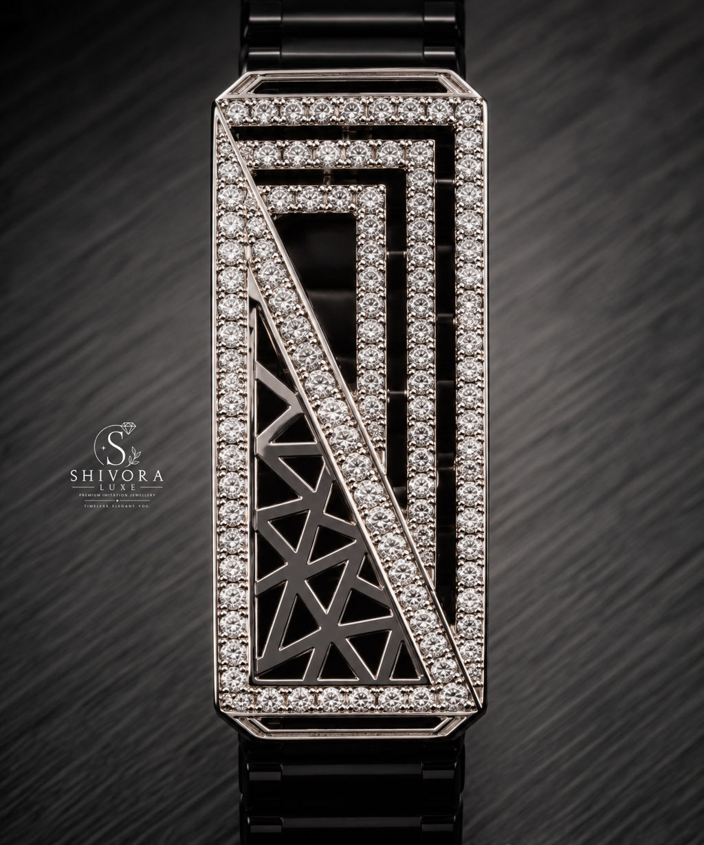 Men's Black Belt Silver Diamond Bracelet