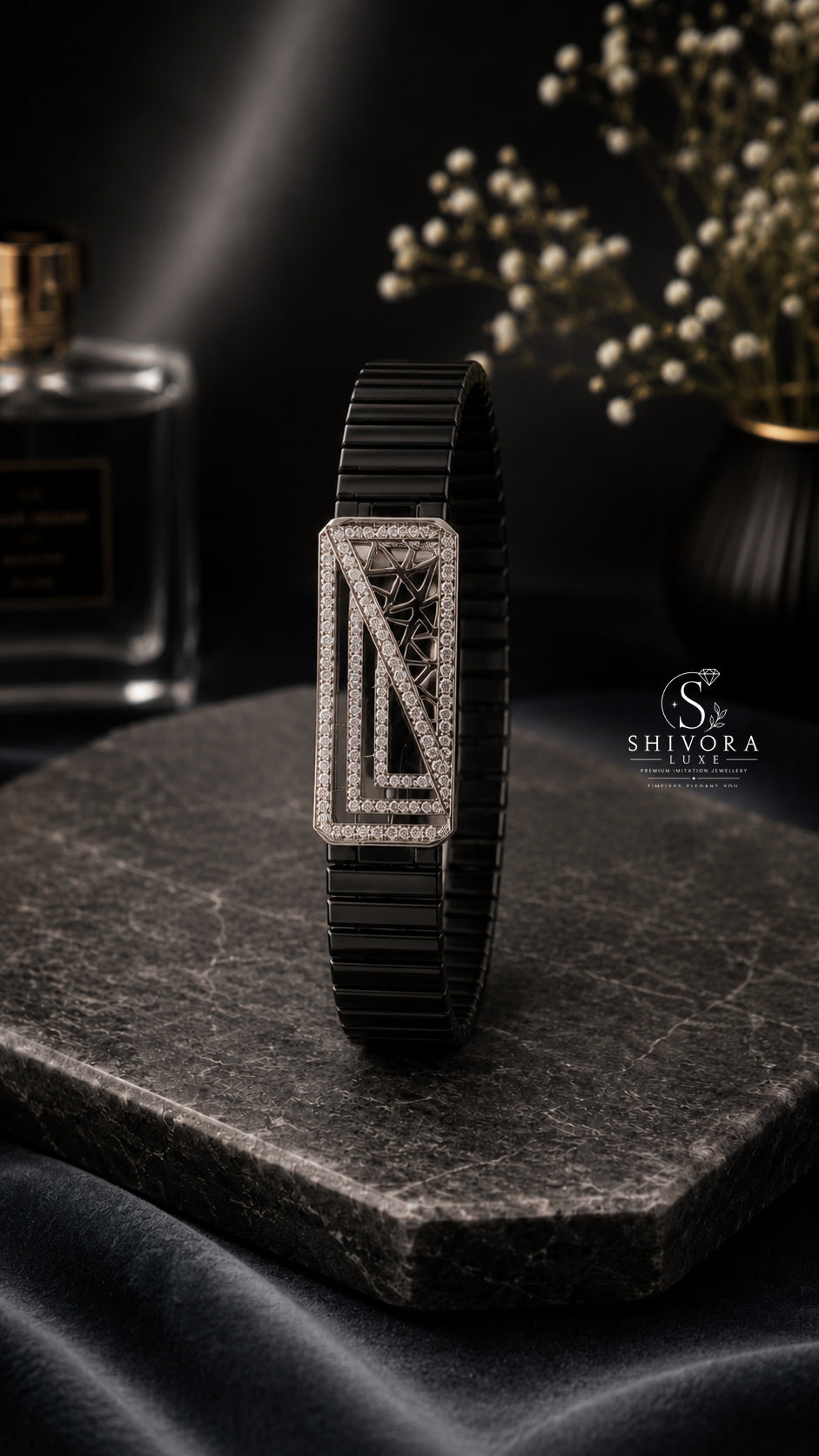 Men's Black Belt Silver Diamond Bracelet