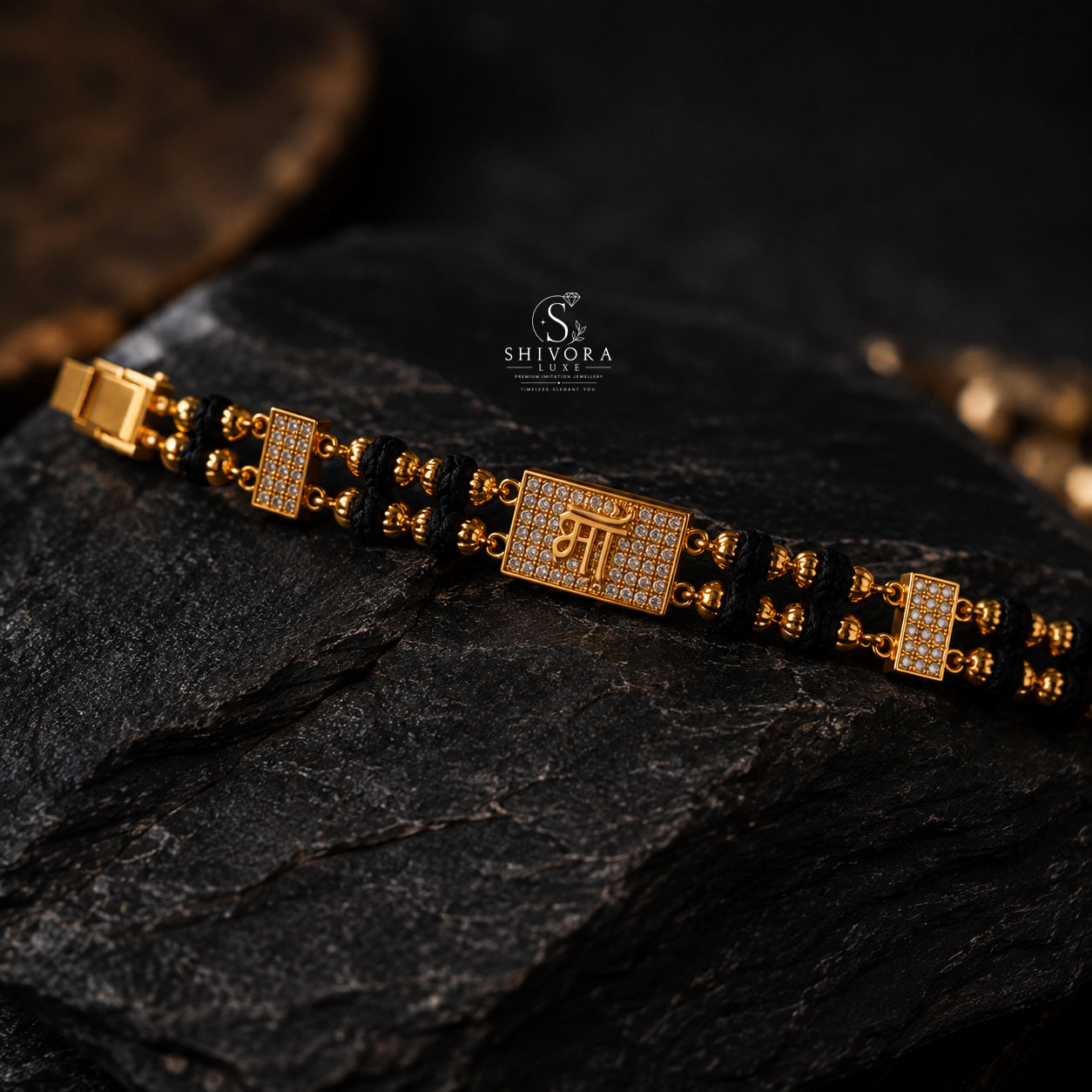 Maa CZ Black Bead Bracelet