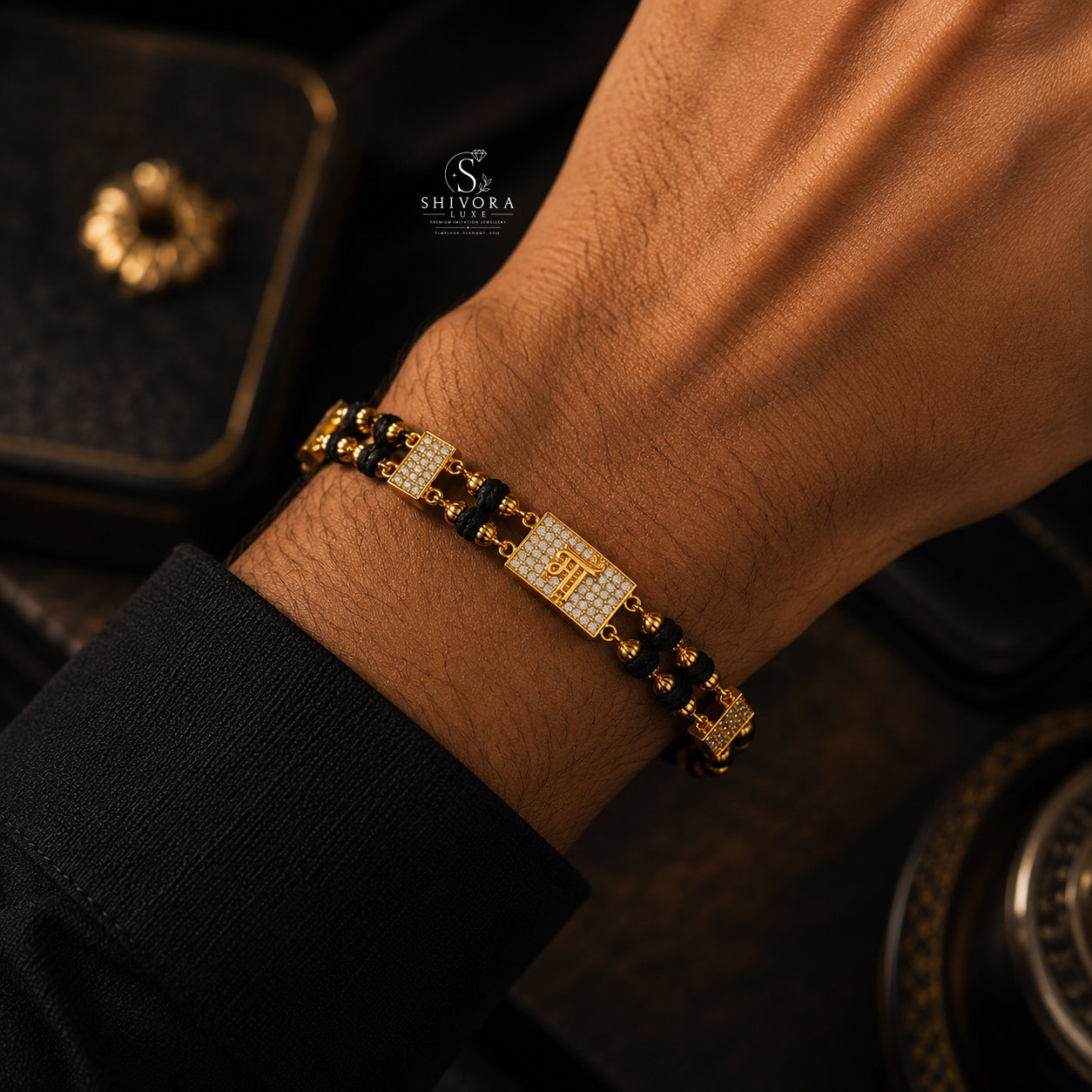 Maa CZ Black Bead Bracelet