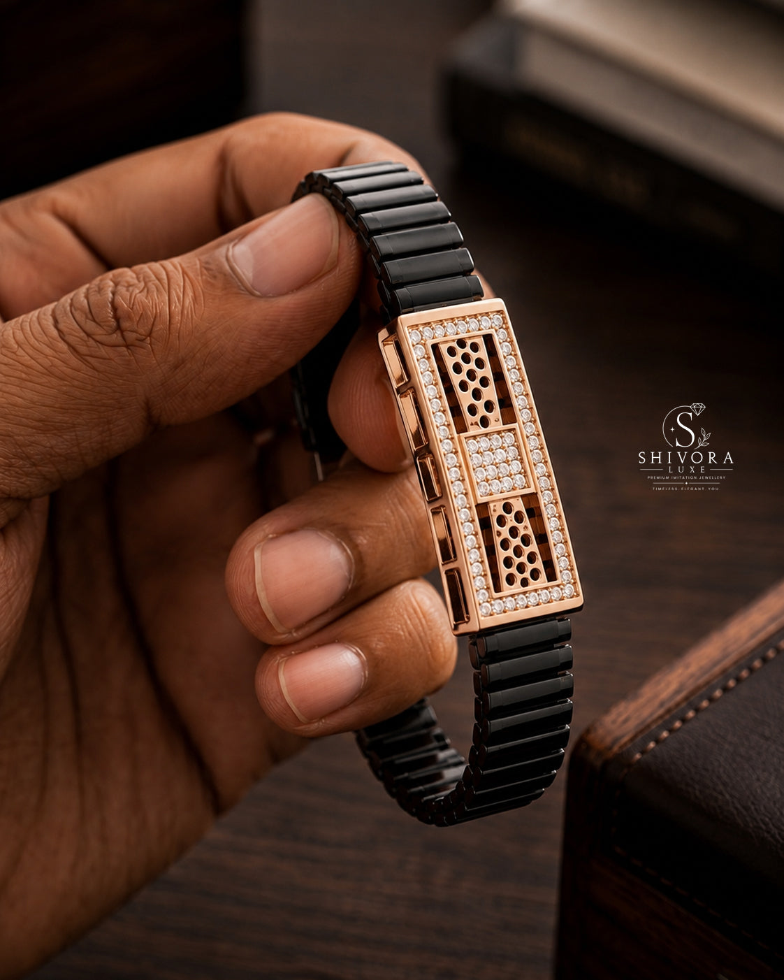 Classic Men's Black Belt Bracelet with Rose Gold Finish