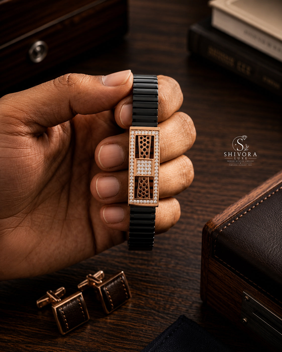 Classic Men's Black Belt Bracelet with Rose Gold Finish