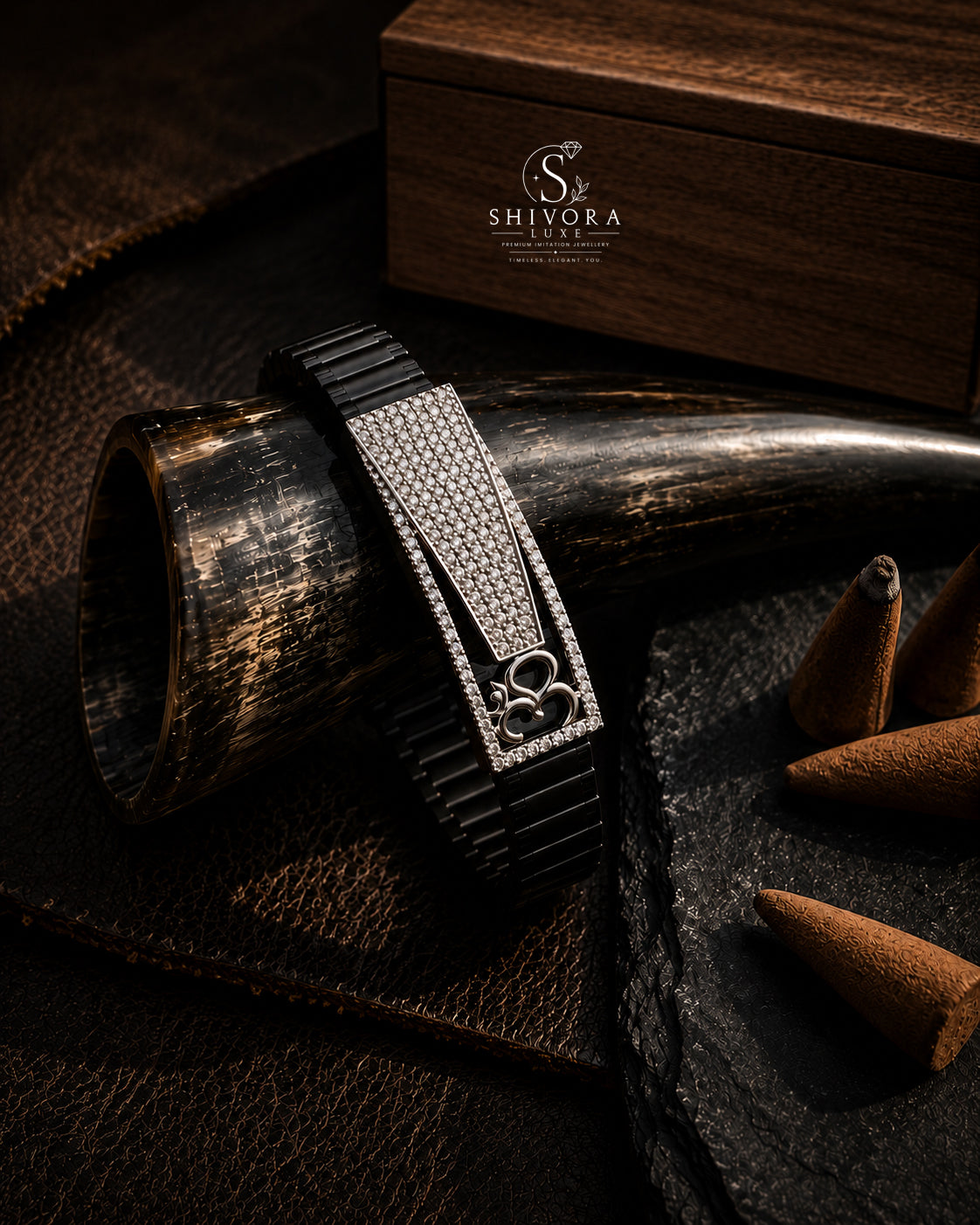 Premium OM Men's Black Belt Silver Diamond Bracelet