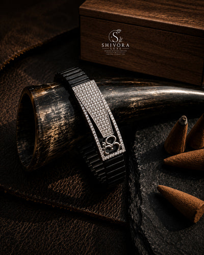 Premium OM Men's Black Belt Silver Diamond Bracelet