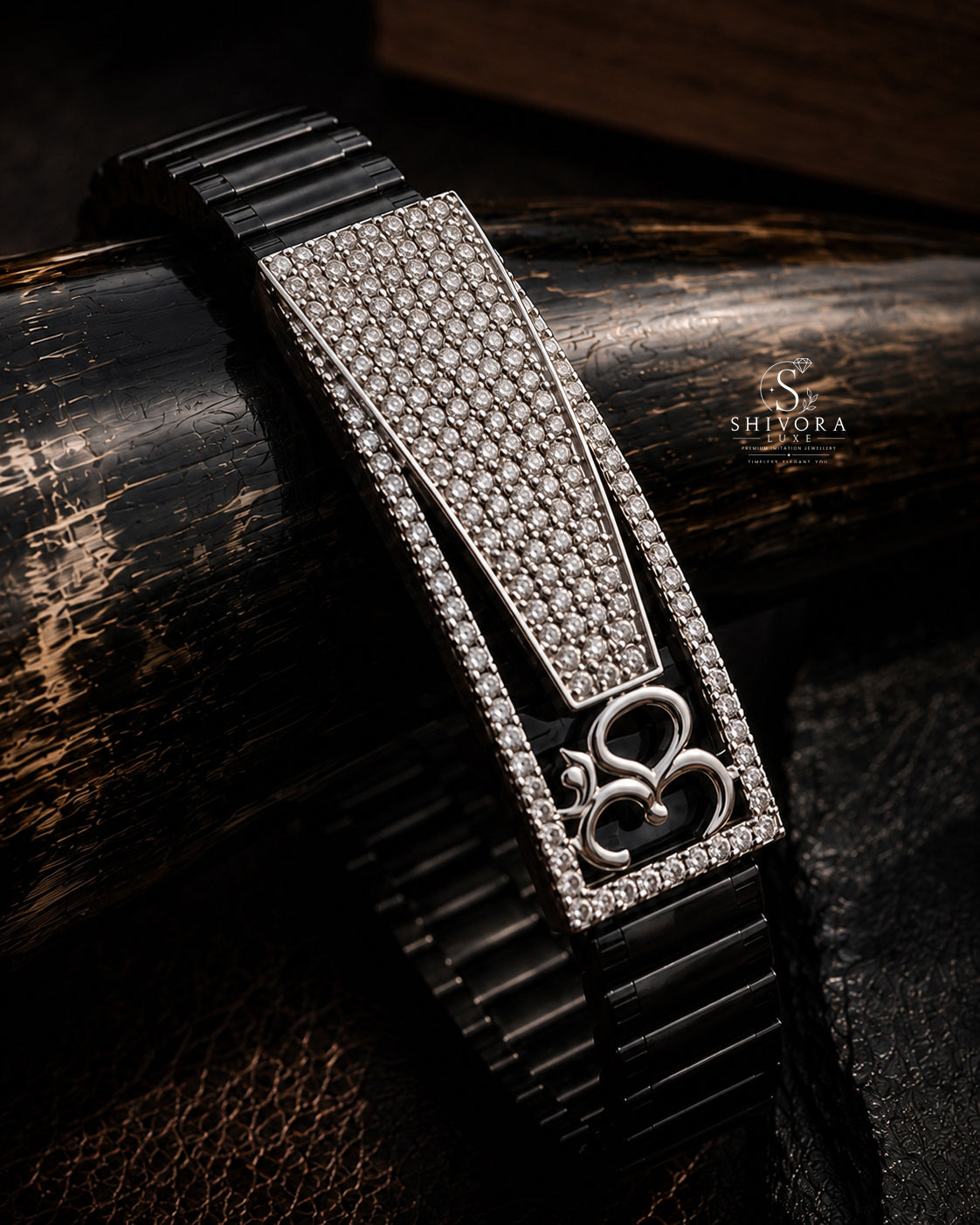 Premium OM Men's Black Belt Silver Diamond Bracelet