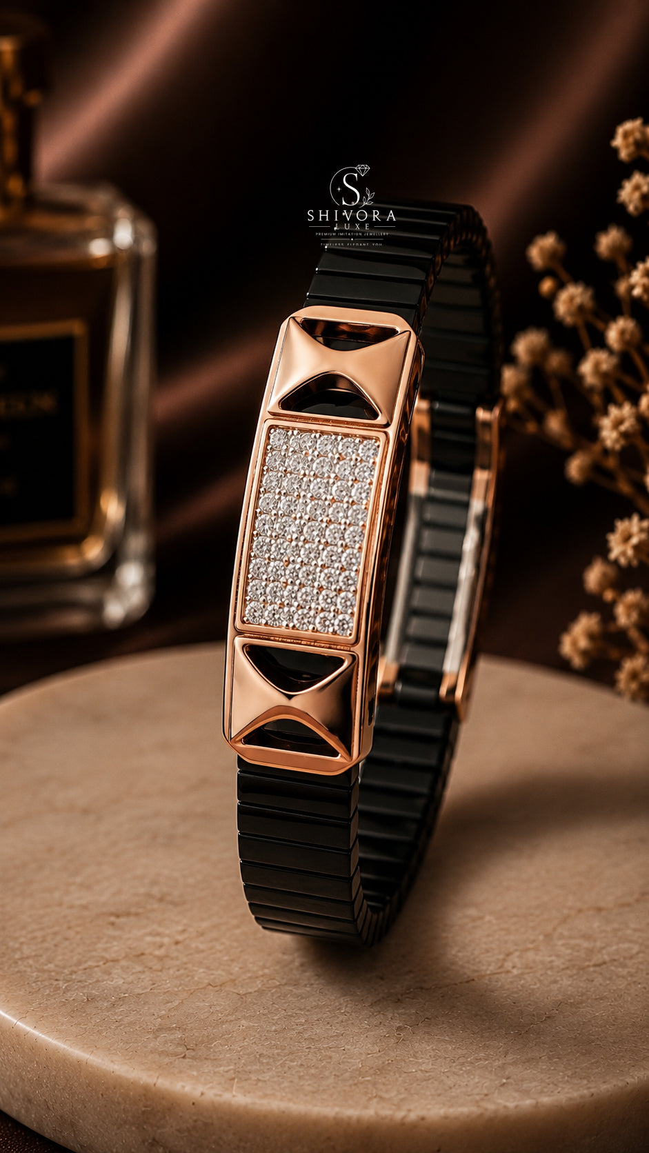 Reguler Men's Black Belt Bracelet with Rose Gold