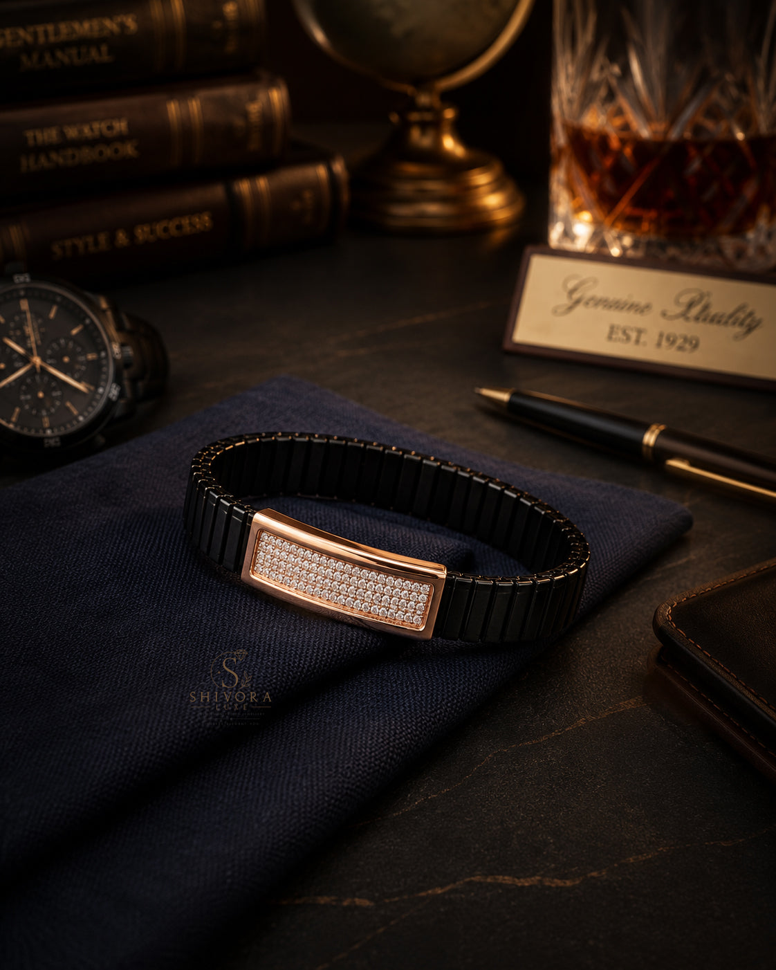 Daily Wear  Men's Black Belt Bracelet with Rose Gold