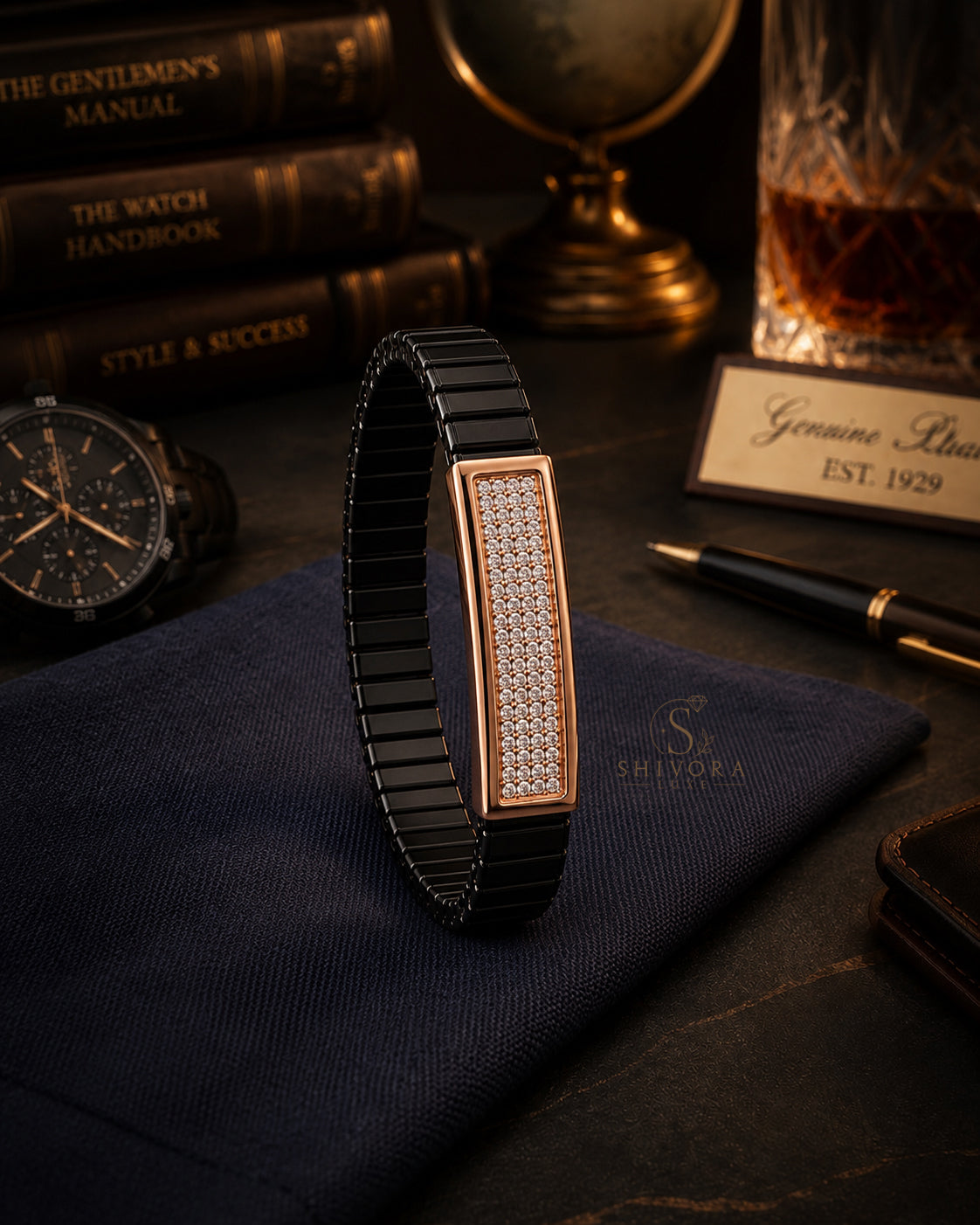 Daily Wear  Men's Black Belt Bracelet with Rose Gold