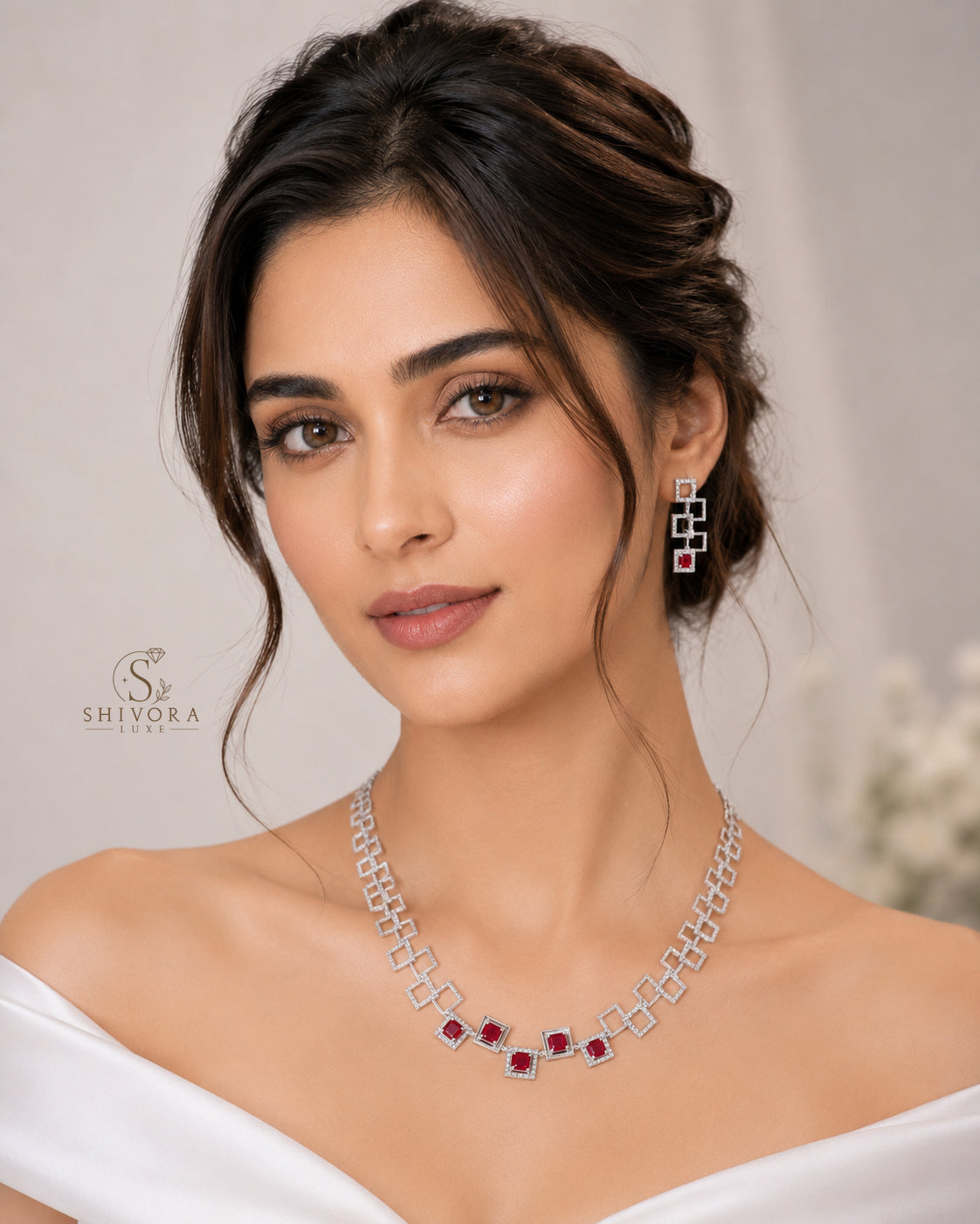 Ruby Red Geometric Link Necklace Set