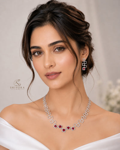 Ruby Red Geometric Link Necklace Set
