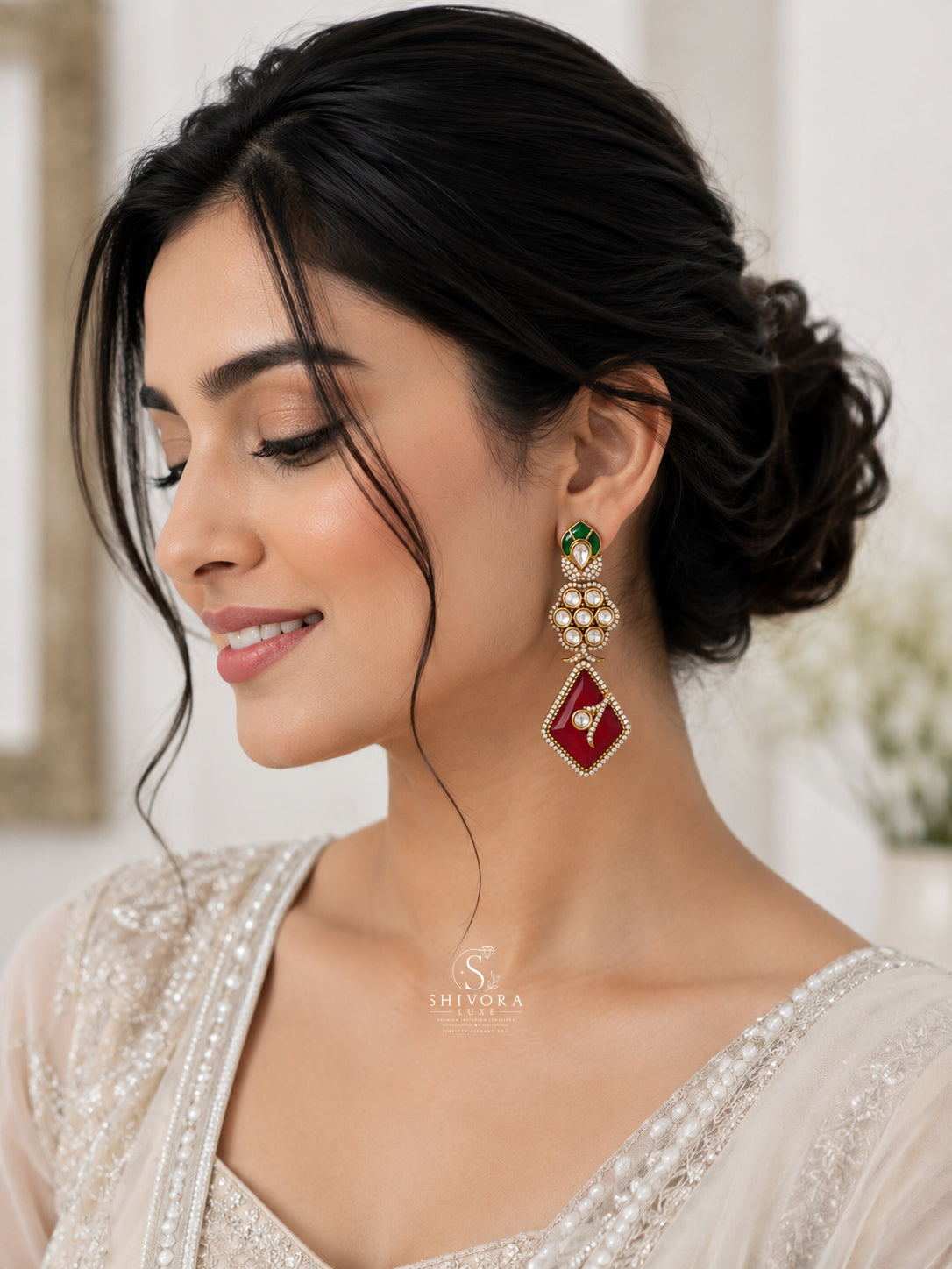 Emerald Kundan Statement Drop Earrings