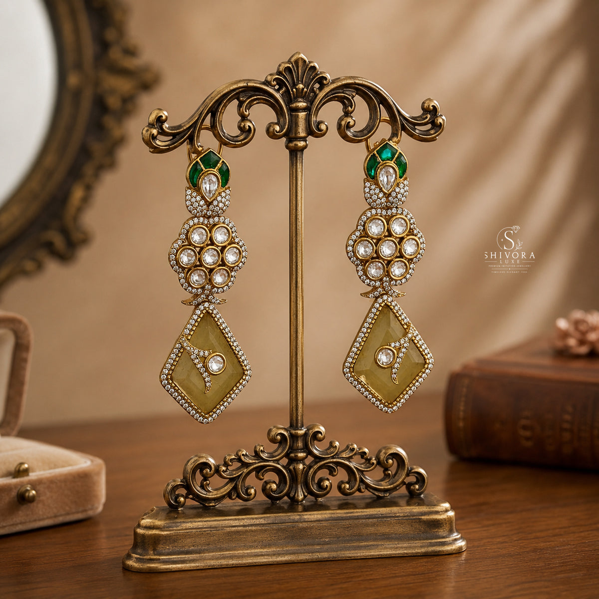Emerald Kundan Statement Drop Earrings